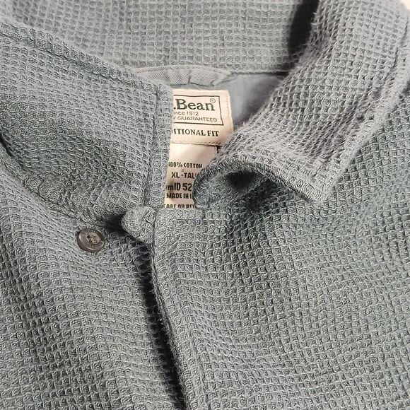 LL Bean Mens XL Tall Blue Waffle Knit Short Sleeve Shirt Camp Loop Collar Button - Picture 2 of 9